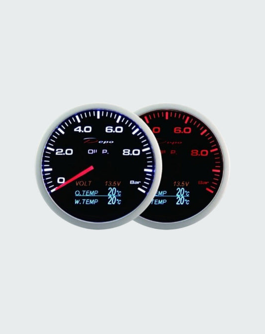 Manometro 4 in 1 DEPO Racing - PRESSIONE OLIO / Voltmetro / Temperatura Olio e Acqua da 60mm - WA60274B